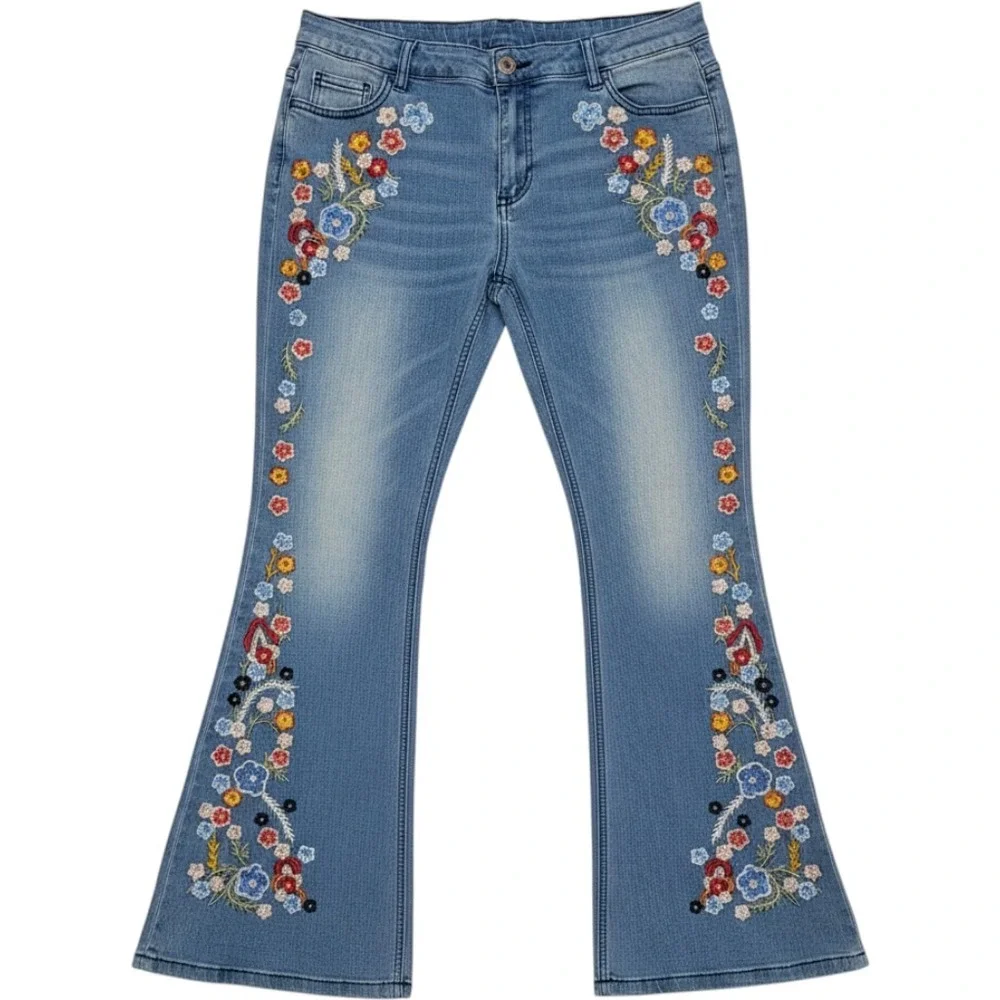 N.Y.I Floral Embroidered Flare Jeans Light Wash Blue Bell Bottoms Girls XXL S